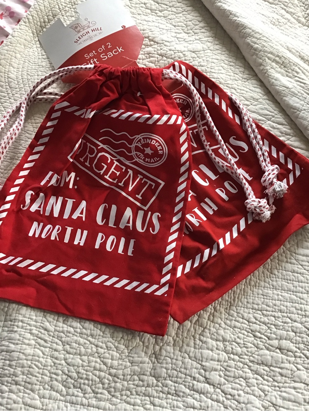 New 2 x Red Santa Claus North Pole Drawstring Gift Sacks 💯 Cotton Made In India